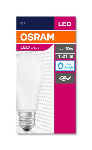 OSRAM Value LED izzó, körte forma, matt búra, matt búra, E27 foglalat, 13W, 6500K, 1521lm