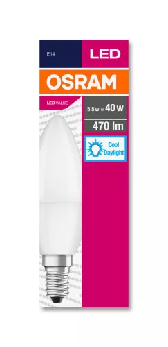 OSRAM Value LED gyertya izzó, gyertya forma, matt búra, E14 foglalat, 5,5W, 6500K, 470lm