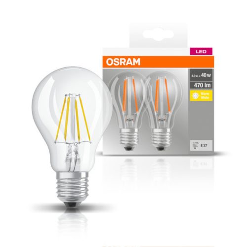 OSRAM Base LED körte, átlátszó üveg búra, 4W 470lm 2700K E27 − 2 db-os szett, átlagos élettartam: 10000 óra, fényszín: meleg fehér LED BASE CL A 40 FIL 4W 2700K E27 x2 ( 4052899972001 )