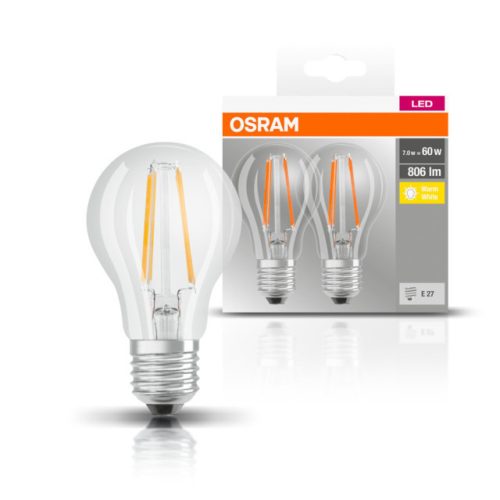 OSRAM Base LED körte, átlátszó üveg búra, 7W 806lm 2700K E27 − 2 db-os szett, átlagos élettartam: 10000 óra, fényszín: meleg fehér LED BASE CL A 60 FIL 7W 2700K E27 x2 ( 4052899972018 )