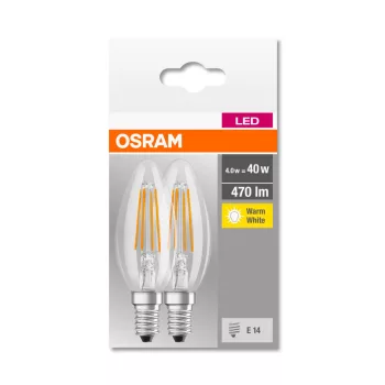 OSRAM Base LED gyertya izzó, átlátszó üveg búra, E14 foglalat, 4W, 2700K, 470lm, 2 db csomag