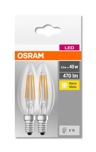 OSRAM Base LED gyertya izzó, átlátszó üveg búra, E14 foglalat, 4W, 2700K, 470lm, 2 db csomag