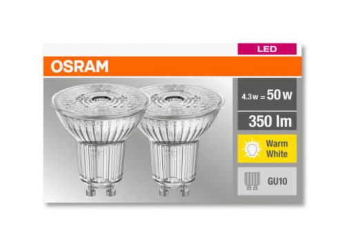 OSRAM Base 230V LED PAR16 spot, plasztik ház, 4,3W 350lm 2700K GU10 − 2 db-os szett, átlagos élettartam: 10000 óra, fényszín: meleg fehér LED BASE PAR16 50 36° 4.3W 2700K GU10 x2 ( 4052899972087 )