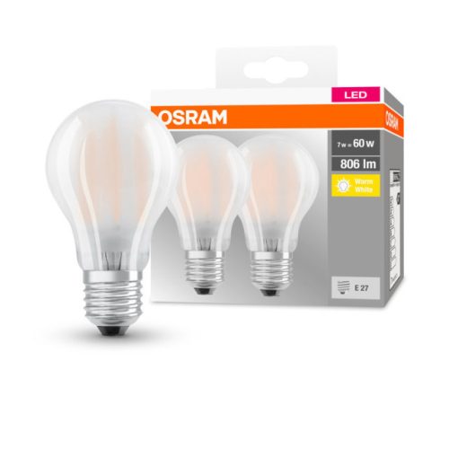 OSRAM Base LED körte, matt üveg búra, 7W 806lm 2700K E27 − 2 db-os szett, átlagos élettartam: 10000 óra, fényszín: meleg fehér LED BASE CL A 60 GL FR 7W 2700K E27 x2 ( 4052899972100 )
