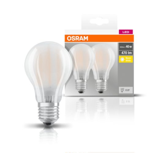 OSRAM Base LED körte, matt üveg búra, 4W 470lm 2700K E27 − 2 db-os szett, átlagos élettartam: 10000 óra, fényszín: meleg fehér LED BASE CL A 40 GL FR 4W 2700K E27 x2 ( 4052899972117 )