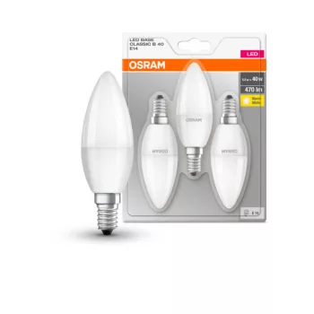 OSRAM Base LED gyertya izzó, matt plasztik búra, E14 foglalat, 5W, 2700K, 470lm, meleg fehér