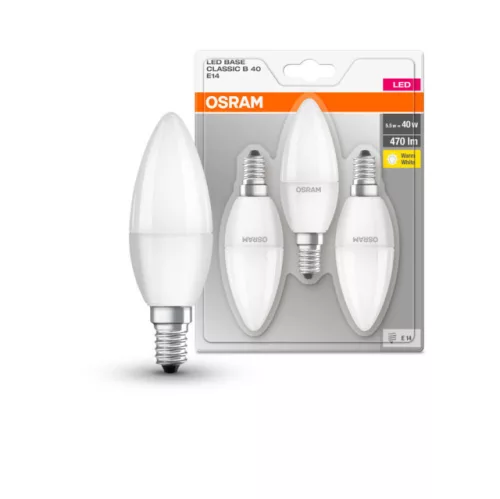 OSRAM Base LED gyertya izzó, matt plasztik búra, E14 foglalat, 5W, 2700K, 470lm, meleg fehér