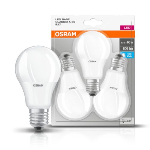 OSRAM Base LED izzó, körte forma, matt plasztik búra, E27 foglalat, 8,5W, 4000K, 806lm, hideg fehér