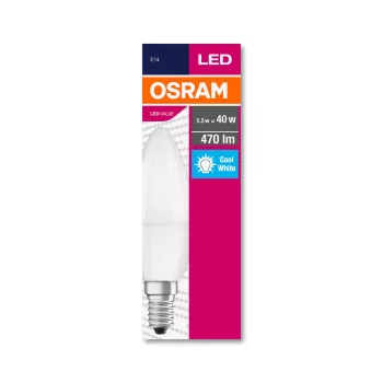 OSRAM Value LED gyertya izzó, matt búra, E14 foglalat, 5,5W, 4000K, 470lm, hideg fehér