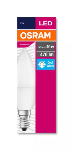 OSRAM Value LED gyertya izzó, matt búra, E14 foglalat, 5,5W, 4000K, 470lm, hideg fehér