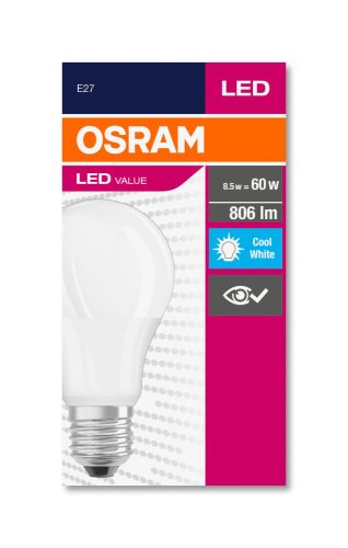 OSRAM Value LED körte, matt búra, 8,5W 806lm 4000K E27, átlagos élettartam: 10000 óra, fényszín: hideg fehér LED VALUE CL A 60 FR 8.5W 4000K E27 ( 4052899973381 )