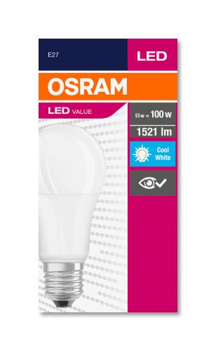 OSRAM Value LED körte, matt búra, 13W 1521lm 4000K E27, átlagos élettartam: 10000 óra, fényszín: hideg fehér LED VALUE CL A 100 FR 13W 4000K E27 ( 4052899973428 )