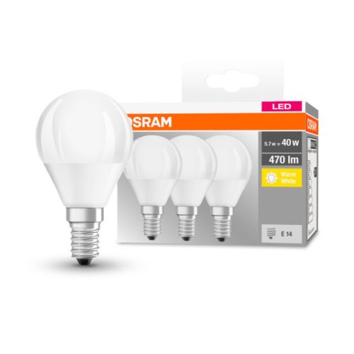 OSRAM Base LED kisgömb, matt plasztik búra, 5W 470lm 2700K E14 − 3 db-os szett, átlagos élettartam: 10000 óra, fényszín: meleg fehér LED BASE CL P 40 FR 5W 2700K E14 x3 ( 4058075090507 )