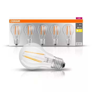 OSRAM Base LED izzó, classic forma, üveg búra, E27 foglalat, 7W, 806lm, 2700K meleg fehér 5db