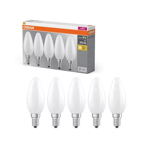 OSRAM Base LED gyertya izzó, matt plasztik búra, E14 foglalat, 4,2W, 2700K, 470lm, meleg fehér 5db