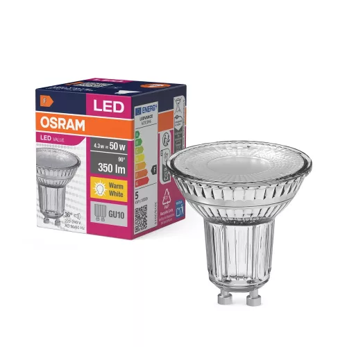 OSRAM Value LED spot, GU10 foglalat, 4,3W, 3000K, 350lm, meleg fehér, energiatakarékos