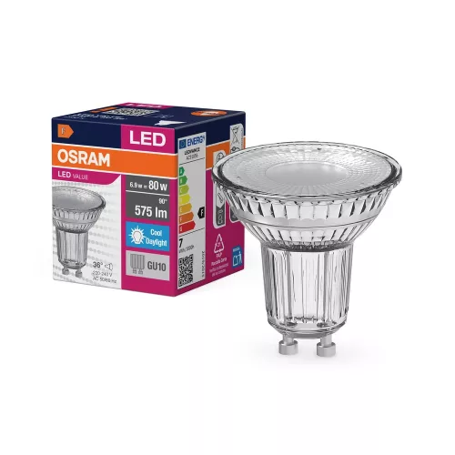 OSRAM Value LED spot, GU10 foglalat, 6,9W, 6500K, 575lm, hideg fehér, energiatakarékos, 36°