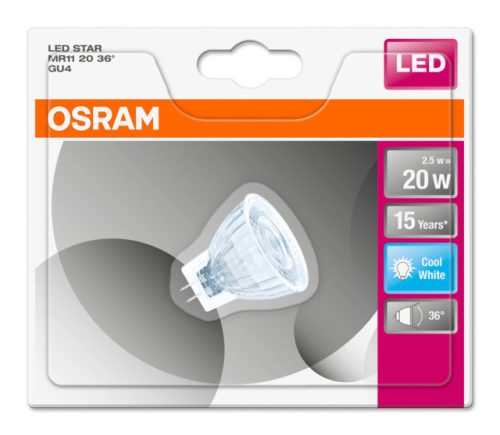 OSRAM Star LED MR11 spot, üveg ház, 2,5W 184lm 4000K GU4, átlagos élettartam: 15000 óra, fényszín: hideg fehér LED ST MR11 20 36° 2.5W 4000K GU4 ( 4058075105133 )