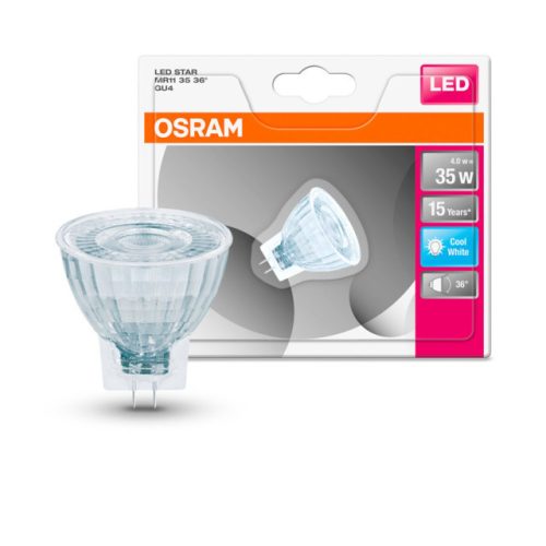 OSRAM Star LED MR11 spot, üveg ház, 4W 345lm 4000K GU4, átlagos élettartam: 15000 óra, fényszín: hideg fehér LED ST MR11 35 36° 4W 4000K GU4 ( 4058075105232 )