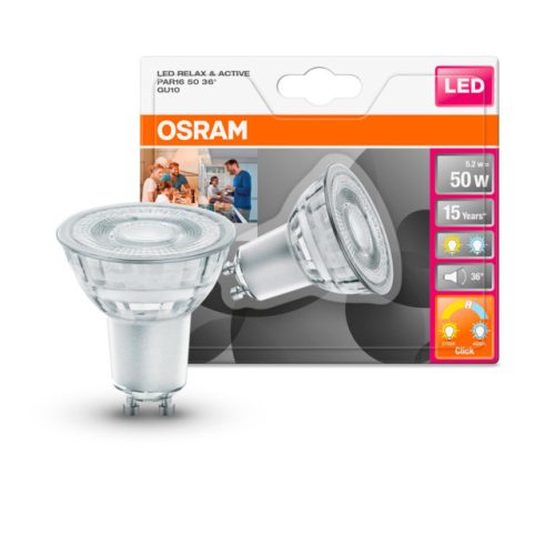 OSRAM Star+ Active&Relax LED PAR16 spot, üveg ház, 5,2W 350lm 2700K GU10, átlagos élettartam: 15000 óra, fényszín: meleg fehér LED STAR+ R&A PAR16 50 36° 5.2W 2700K GU10 ( 4058075105638 )
