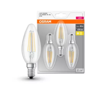 OSRAM Base LED gyertya izzó, átlátszó üveg búra, E14 foglalat, 4W, 2700K, 470lm, meleg fehér