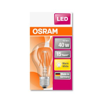 OSRAM Star LED izzó, körte forma, átlátszó üveg búra, E27 foglalat, 4W, 2700K, 470lm, meleg fehér