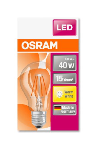OSRAM Star LED körte, átlátszó üveg búra, 4W 470lm 2700K E27, átlagos élettartam: 15000 óra, fényszín: meleg fehér LED ST CL A 40 FIL 4W 2700K E27 ( 4058075112216 )