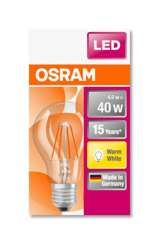 OSRAM Star LED izzó, körte forma, átlátszó üveg búra, E27 foglalat, 4W, 2700K, 470lm, meleg fehér