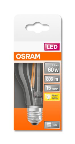 OSRAM Star LED izzó, körte forma, átlátszó üveg búra, E27 foglalat, 7W, 2700K, 806lm, meleg fehér