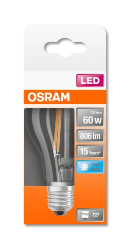 OSRAM Star LED izzó, körte forma, átlátszó üveg búra, E27 foglalat, 6,5W, 4000K, 806lm, hideg fehér