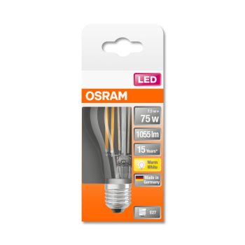 OSRAM Star LED izzó, körte forma, átlátszó üveg búra, E27 foglalat, 7,5W, 2700K, 1055lm, meleg fehér