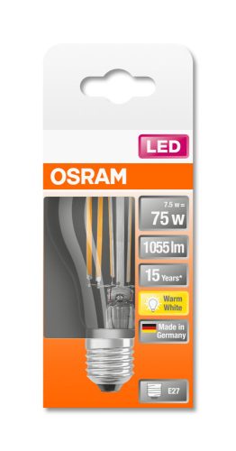 OSRAM Star LED körte, átlátszó üveg búra, 7,5W 1055lm 2700K E27, átlagos élettartam: 15000 óra, fényszín: meleg fehér LED ST CL A 75 FIL 8W 2700K E27 ( 4058075112360 )