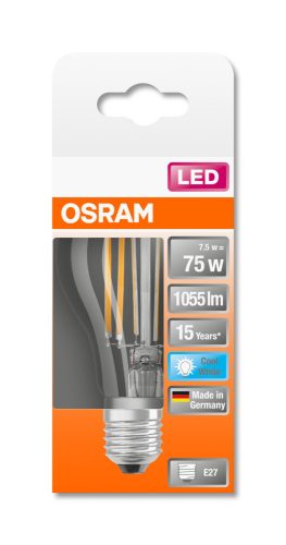 OSRAM Star LED izzó, körte forma, átlátszó üveg búra, E27 foglalat, 7,5W, 4000K, 1055lm, hideg fehér