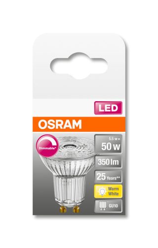 OSRAM Superstar dimmelhető 230V LED PAR16 spot, üveg ház, 4,5W 350lm 2700K GU10, átlagos élettartam: 25000 óra, fényszín: meleg fehér LED SST PAR16 DIM 50 36° 5.5W 2700K GU10 ( 4058075112544 )