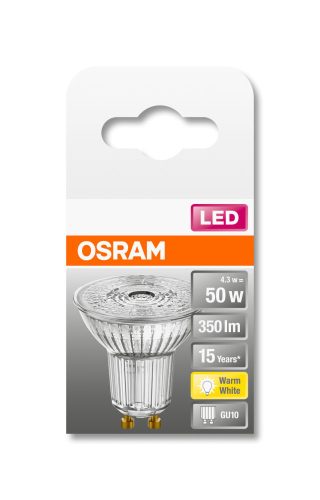 OSRAM Star 230V LED PAR16 spot, üveg ház, 4,3W 350lm 2700K GU10, átlagos élettartam: 15000 óra, fényszín: meleg fehér LED ST PAR16 50 36° 4.3W 2700K GU10 ( 4058075112568 )