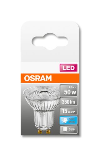 OSRAM Star 230V LED PAR16 spot, üveg ház, 4,3W 350lm 4000K GU10, átlagos élettartam: 15000 óra, fényszín: hideg fehér LED ST PAR16 50 36° 4.3W 4000K GU10 ( 4058075112582 )