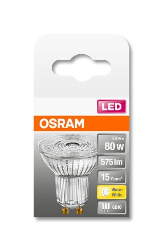 OSRAM Star 230V LED PAR16 spot, üveg ház, 6,9W 575lm 2700K GU10, átlagos élettartam: 15000 óra, fényszín: meleg fehér LED ST PAR16 80 36° 6.9W 2700K GU10 ( 4058075112605 )