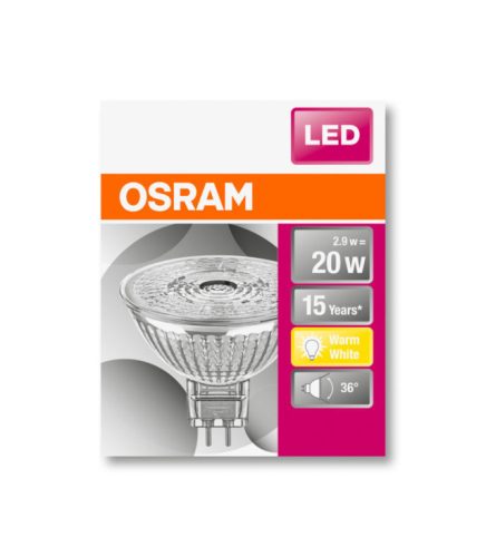 OSRAM Star LED MR16 spot, üveg ház, 2,9W 230lm 2700K GU5.3, átlagos élettartam: 15000 óra, fényszín: meleg fehér LED ST MR16 20 36° 2.9W 2700K GU5.3 ( 4058075112667 )