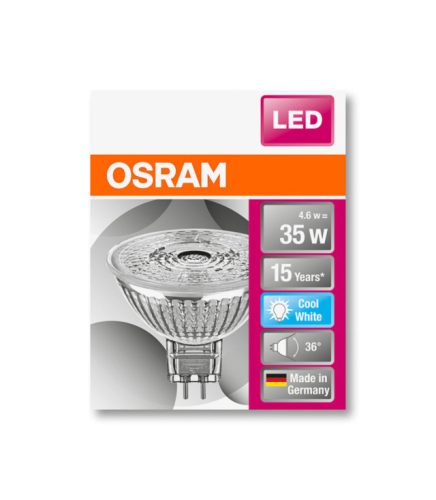 OSRAM Star LED MR16 spot, üveg ház, 4,6W 350lm 2700K GU5.3, átlagos élettartam: 15000 óra, fényszín: meleg fehér LED ST MR16 35 36° 4.6W 2700K GU5.3 ( 4058075112704 )