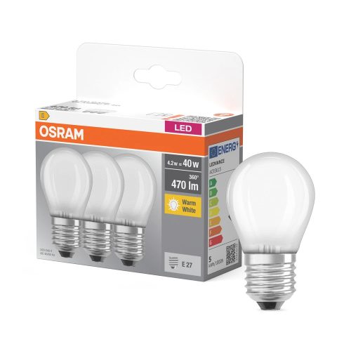 OSRAM Base LED izzó kisgömb forma, matt búra, E27 foglalat, 4,2W, 470lm, 2700K meleg fehér 3db