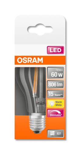 OSRAM Superstar dimmelhető LED körte, átlátszó üveg búra, 7W 806lm 2700K E27, átlagos élettartam: 15000 óra, fényszín: meleg fehér LED SST CL A DIM 60 FIL 7W 2700K E27 ( 4058075115958 )