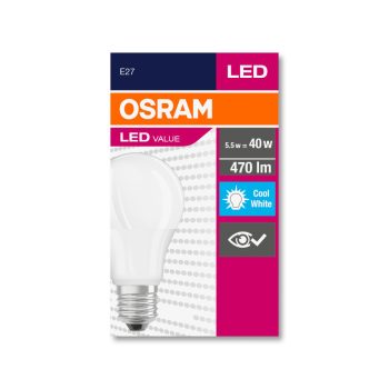 OSRAM Value LED izzó, körte forma, matt búra, E27 foglalat, 5,5W, 4000K, 470lm, hideg fehér