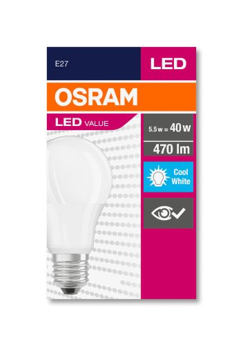 OSRAM Value LED körte, matt búra, 5,5W 470lm 4000K E27, átlagos élettartam: 10000 óra, fényszín: hideg fehér LED VALUE CL A 40 FR 5.5W 4000K E27 ( 4058075127081 )
