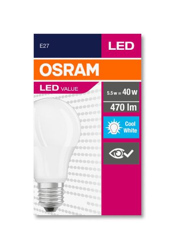 OSRAM Value LED izzó, körte forma, matt búra, E27 foglalat, 5,5W, 4000K, 470lm, hideg fehér