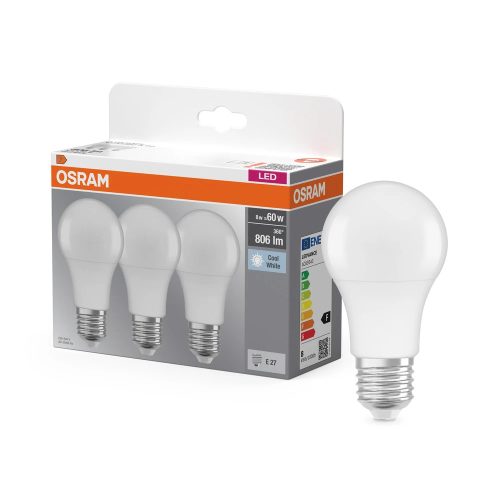 OSRAM Base LED izzó, classic forma, matt búra, E27 foglalat, 8W, 806lm, 4000K semleges fehér 3db