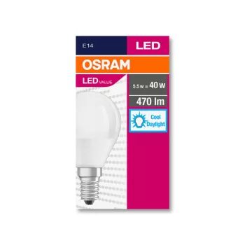 OSRAM Value LED kisgömb izzó, kisgömb forma, matt búra, E14 foglalat, 5,5W, 6500K, 470lm
