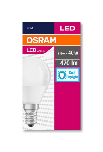 OSRAM Value LED kisgömb izzó, kisgömb forma, matt búra, E14 foglalat, 5,5W, 6500K, 470lm