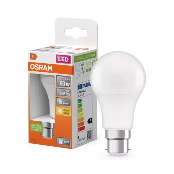 OSRAM Star LED izzó, classic forma, matt plasztik búra, B22d foglalat, 8W, 806lm, 2700K meleg fehér
