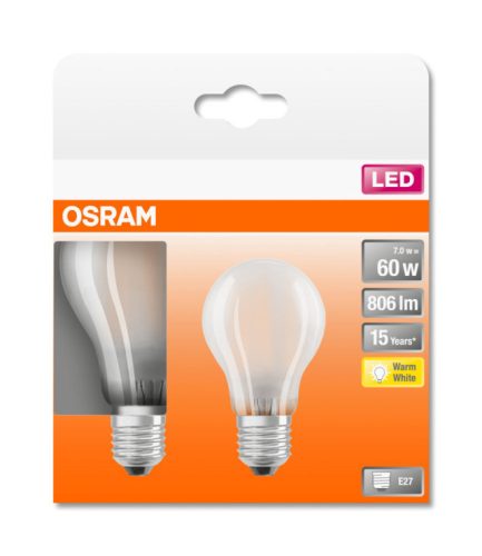 OSRAM Star LED körte, matt üveg búra, 7W 806lm 2700K E27, átlagos élettartam: 15000 óra, fényszín: meleg fehér LED ST CL A 60 GL FR 7W 2700K E27 ( 4058075132832 )