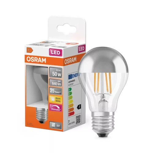 OSRAM Superstar dimm. LED izzó, tükrös ezüst búra, E27, 5,9W, 640lm, 2700K meleg fehér